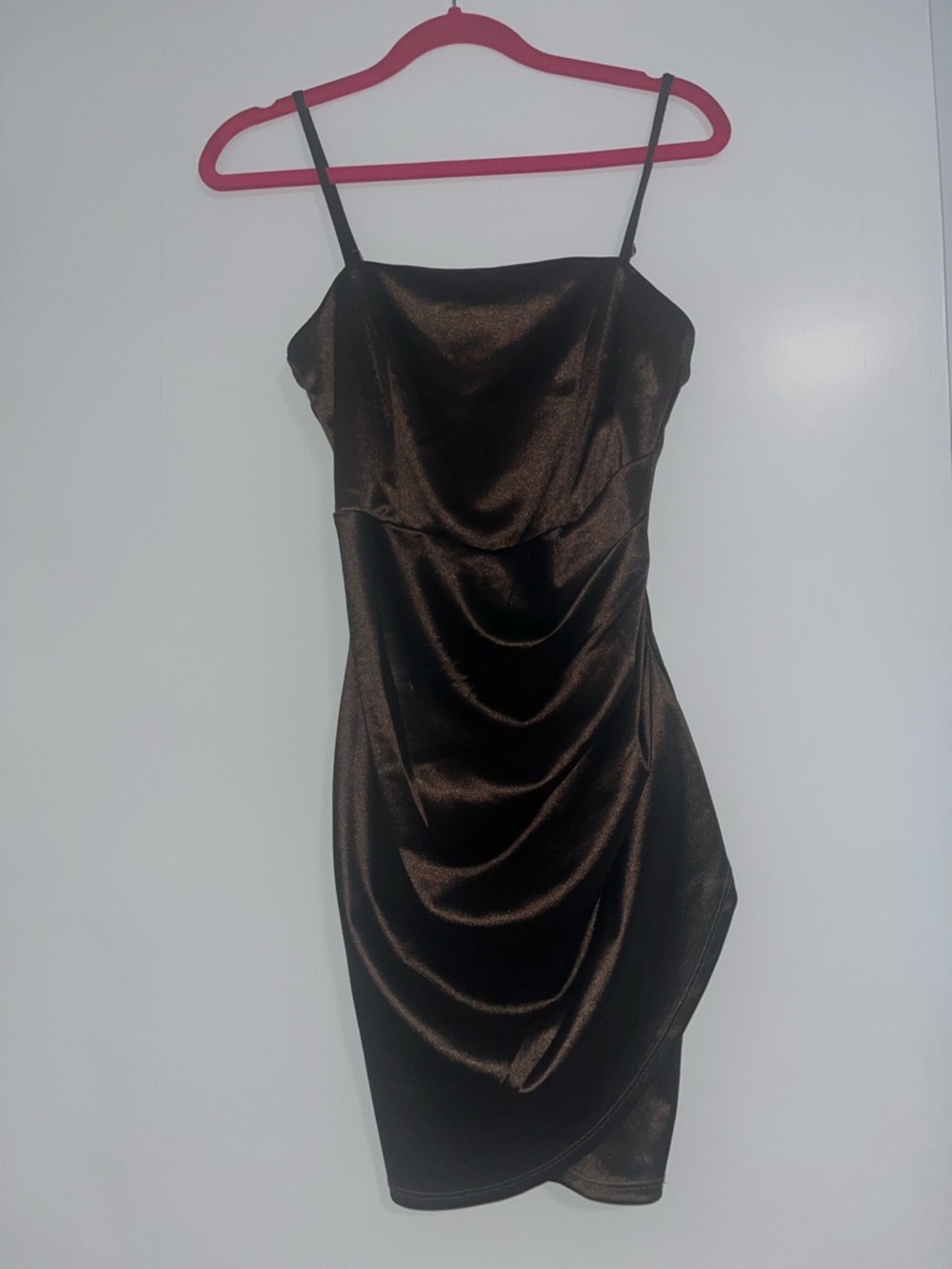 Emerald Sundae Brown Satin Mini Dress Ruched Bodycon Slip Spaghetti Strap Party